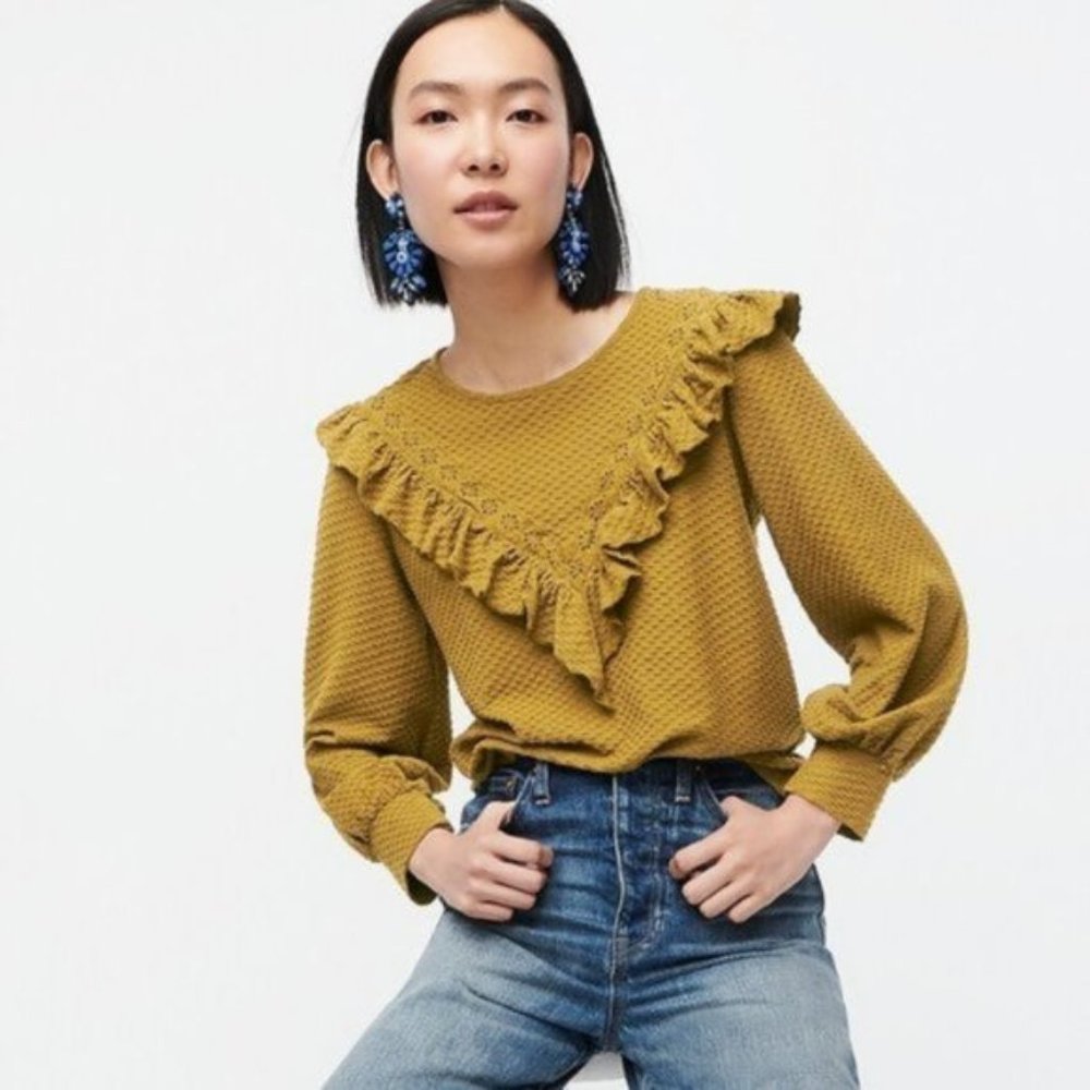 J Crew Women’s Honeycomb Knit with ruffle trim Olive cotton top (S)